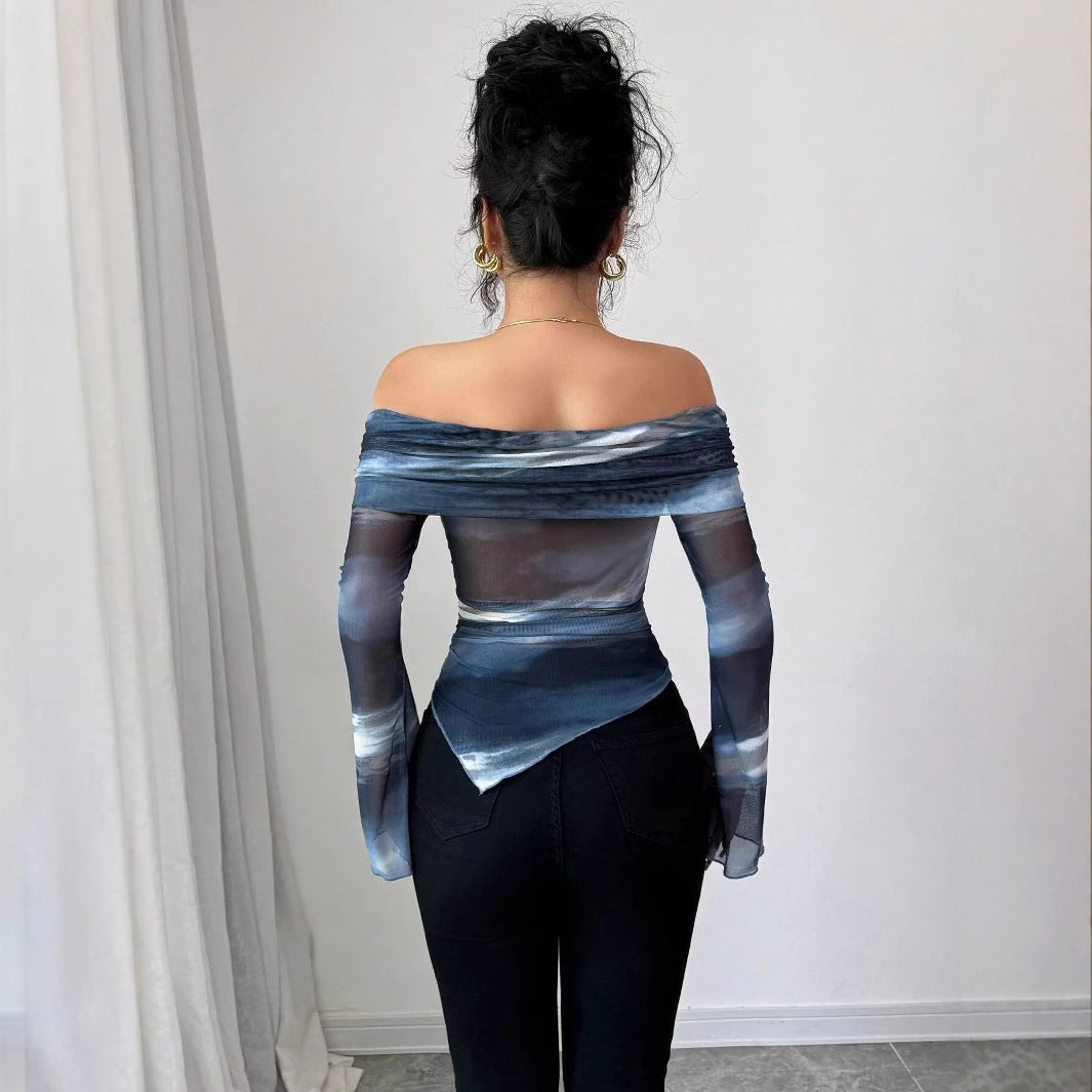 Off-Shoulder Mesh Knit Printed Slim Fit Long Sleeve Top