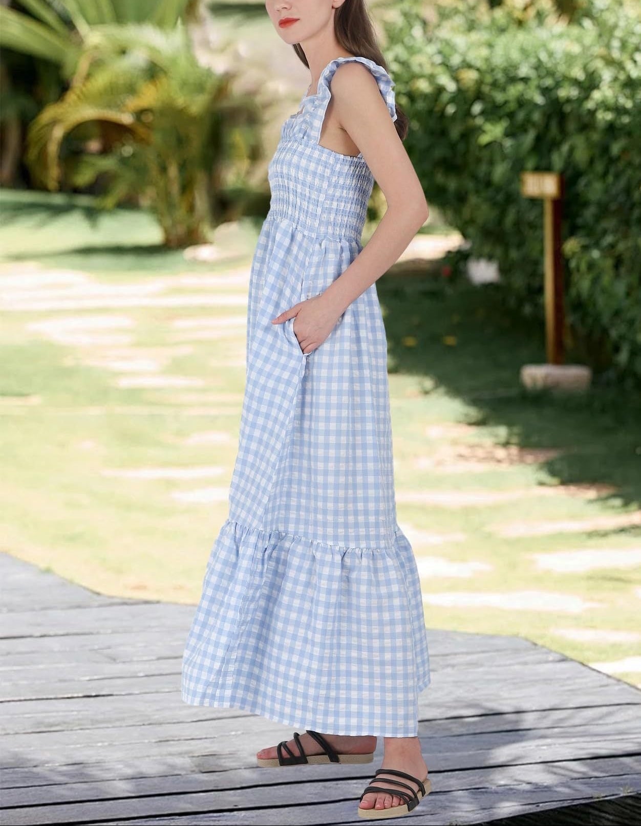 Gingham Smocked Maxi Dress Square Neck Ruffle Sleeve