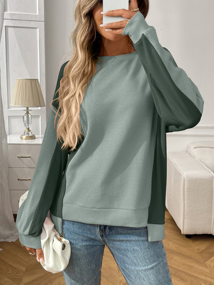 Color Block Waffle Knit Long Sleeve Pullover Top