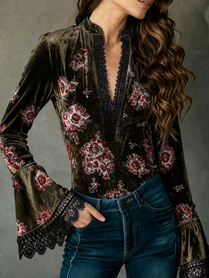 Women's Floral Lace V-Neck Bell Sleeve Blouse