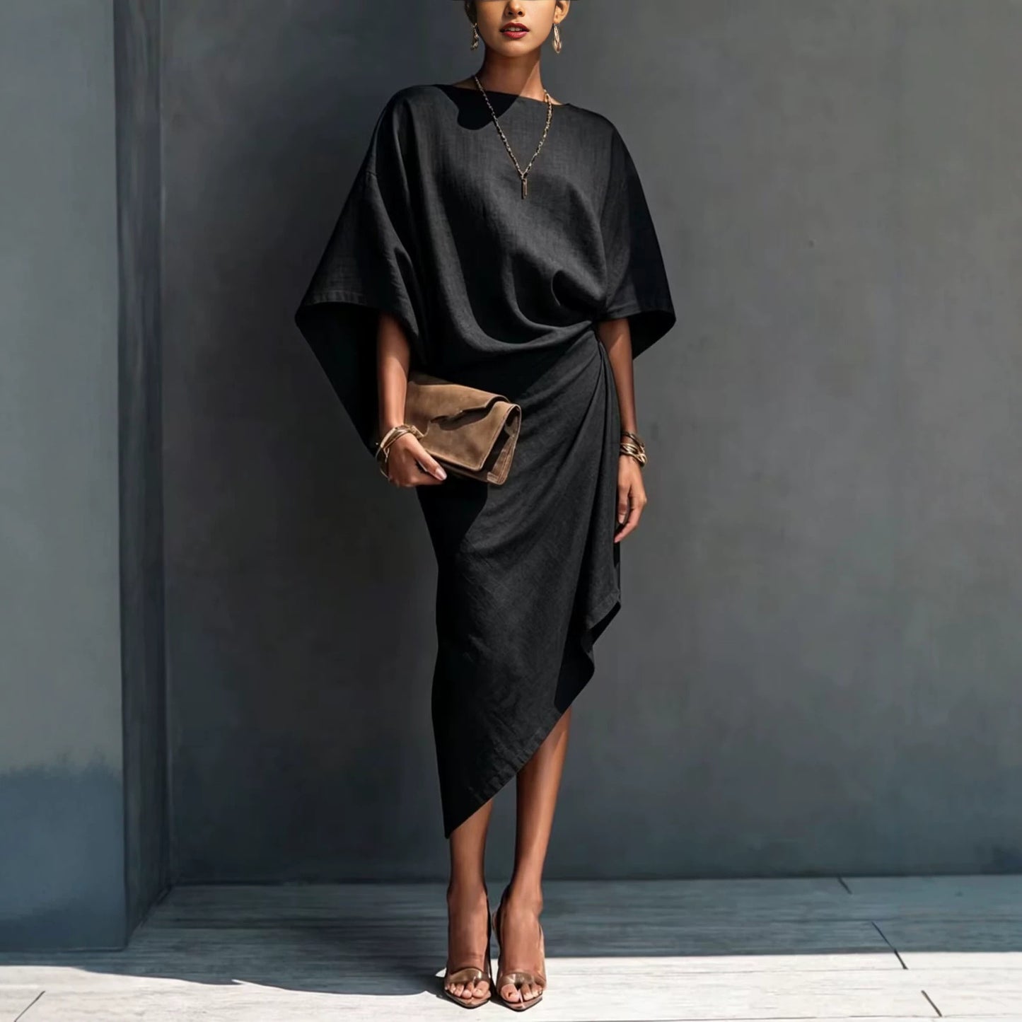 Women's Batwing Sleeve Solid Asymmetrical Midi Dress