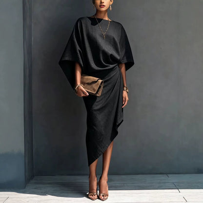 Women's Batwing Sleeve Solid Asymmetrical Midi Dress