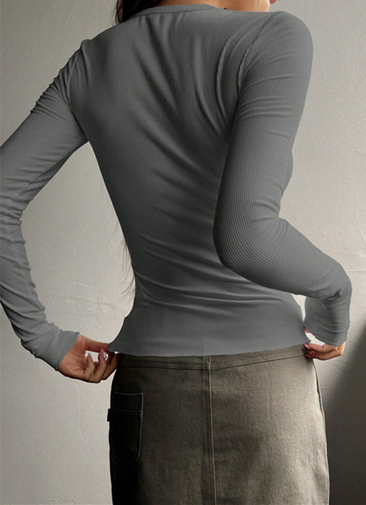 Women's Ribbed Henley Long Sleeve Fitted Top