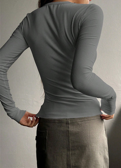 Women's Ribbed Henley Long Sleeve Fitted Top
