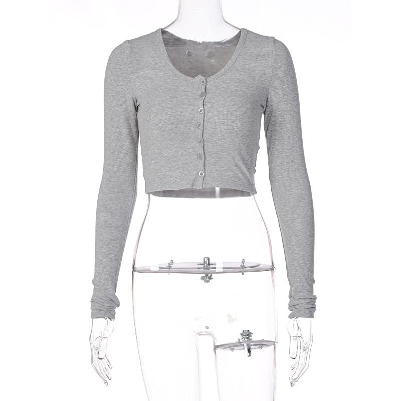 Women's Ribbed Button Front Crop Top Long Sleeve Fitted