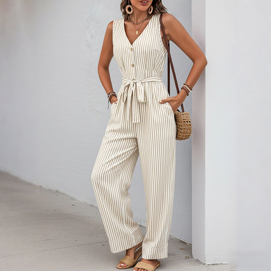 Striped Linen Blend Jumpsuit Sleeveless Wide Leg Romper