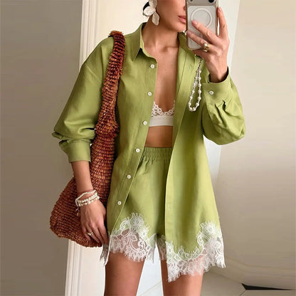 Women's Lace Trim Shirt and Shorts Matching Set