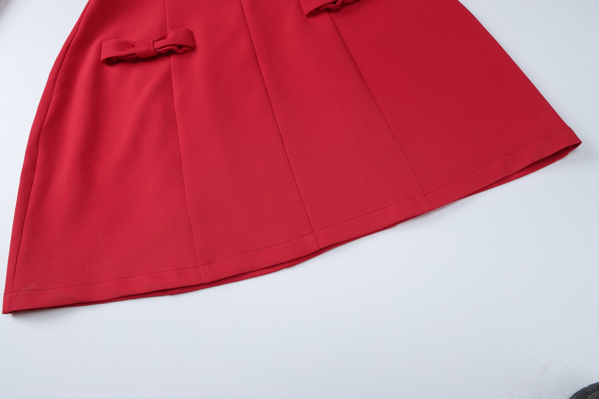 Red Off Shoulder Long Sleeve Mini Dress with Bow Detail