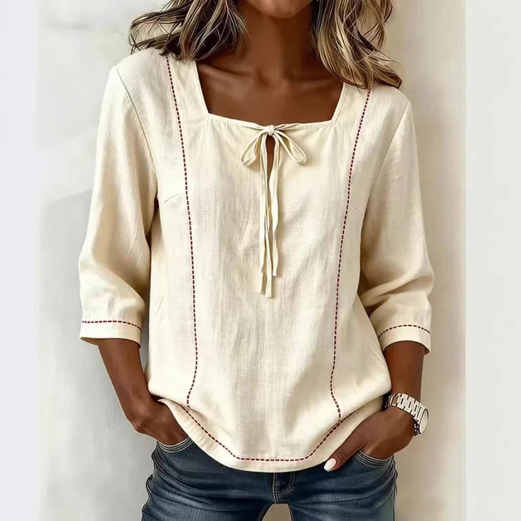 Women's Square Neck Tie Front 3/4 Sleeve Blouse Top