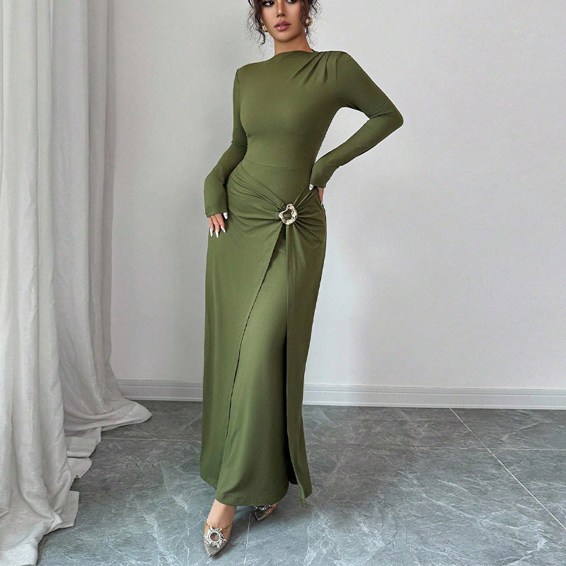 Women's Long Sleeve Bodycon Maxi Dress Knit Ring Detail