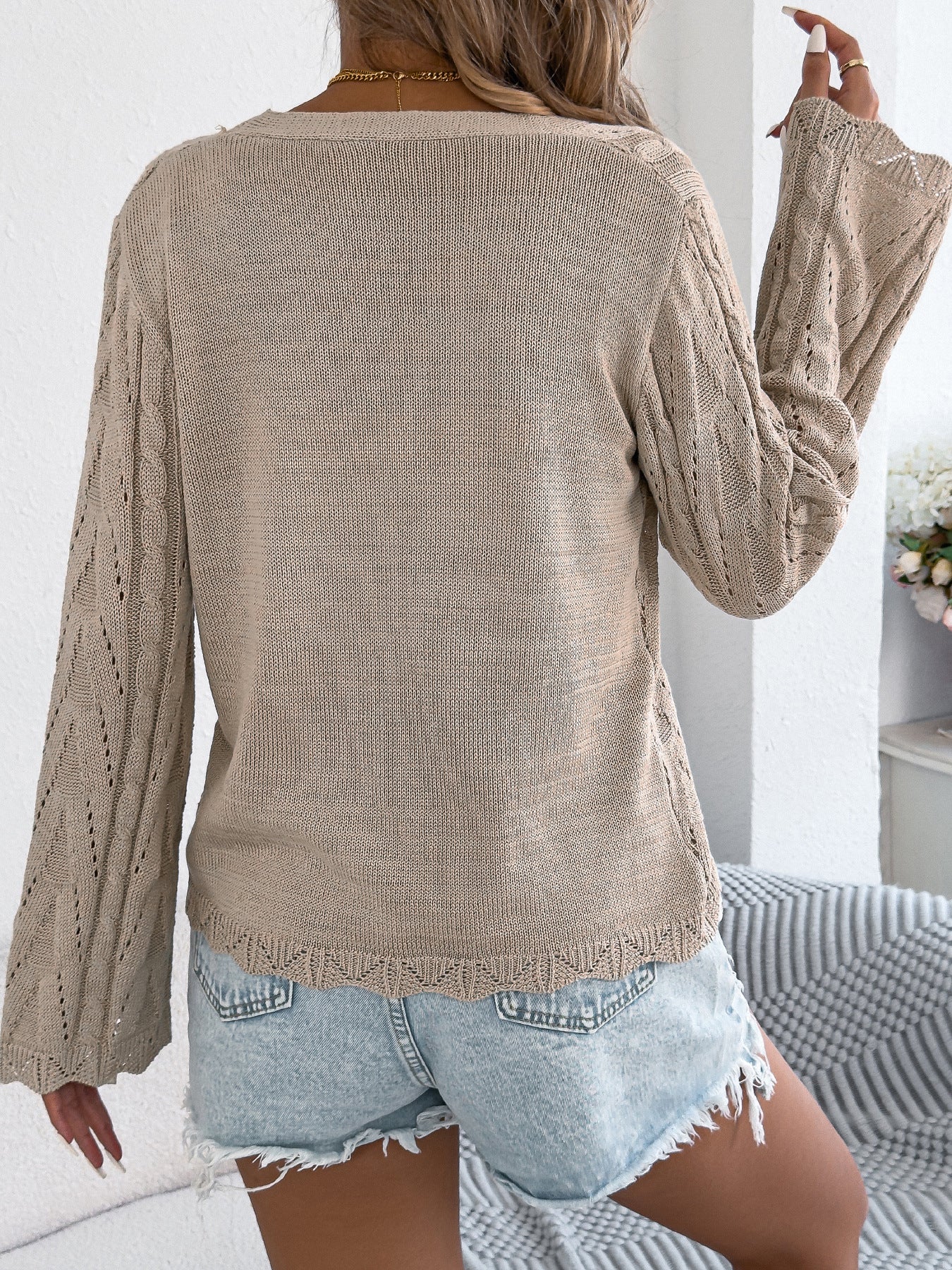 Solid Hollow Knit Tie-Front Bell Sleeve Cardigan