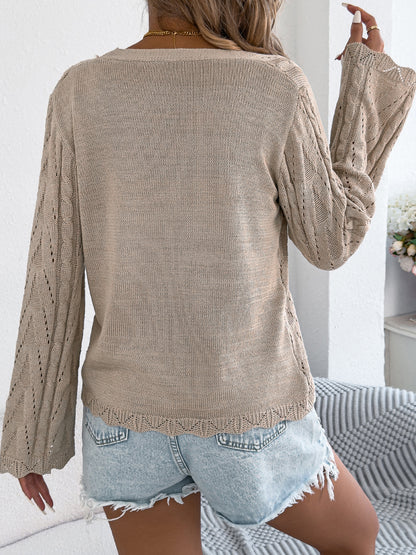 Solid Hollow Knit Tie-Front Bell Sleeve Cardigan