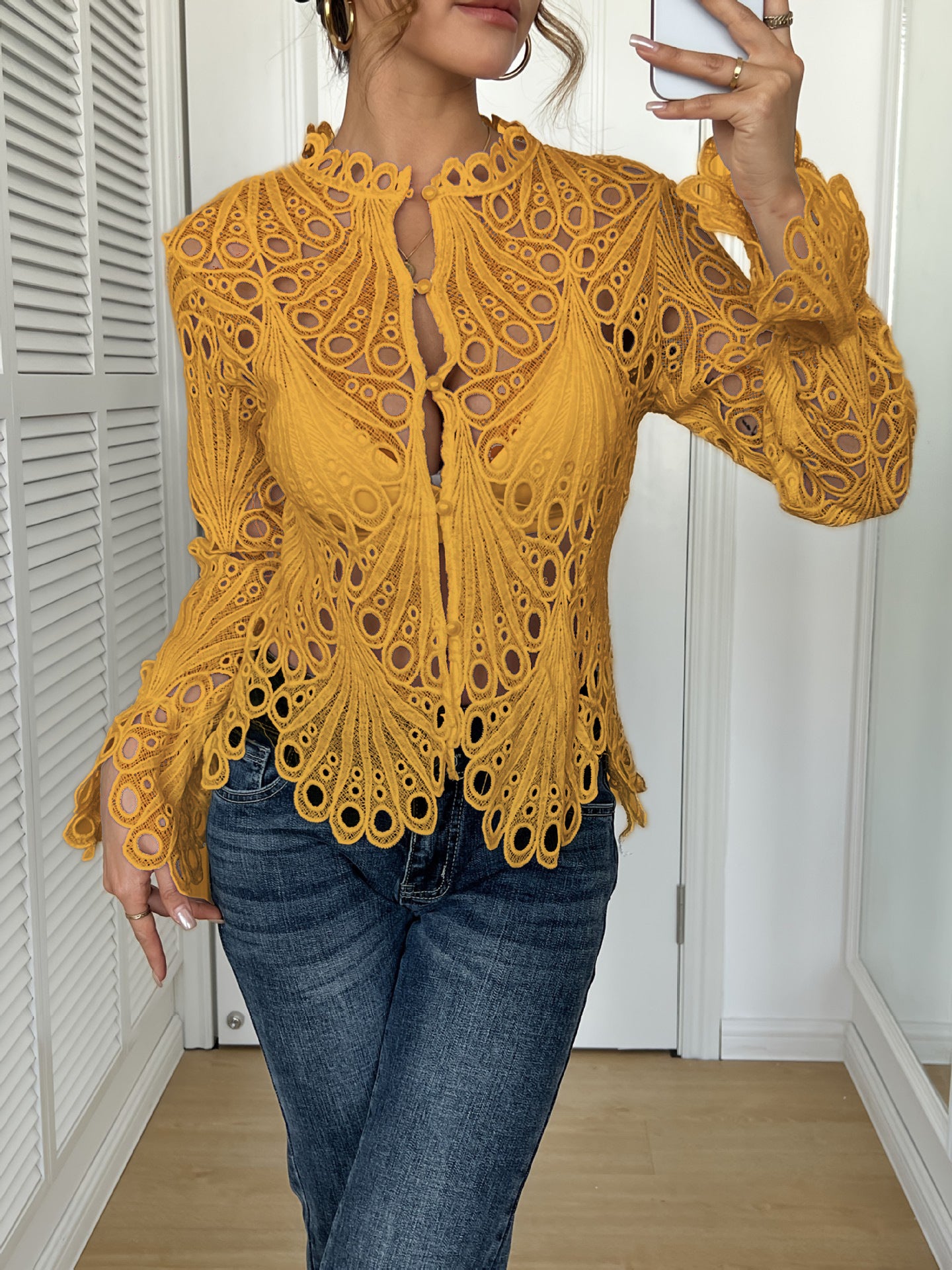Women's Crochet Lace Button Front Blouse with Bell Sleeves