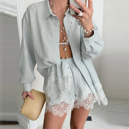 Women's Lace Trim Shirt and Shorts Matching Set
