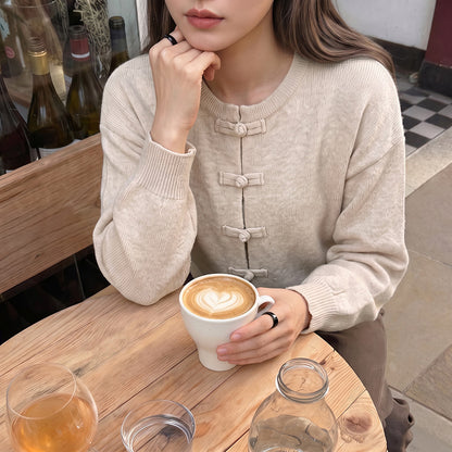 Frog Closure Knit Cardigan Long Sleeve Relaxed Fit