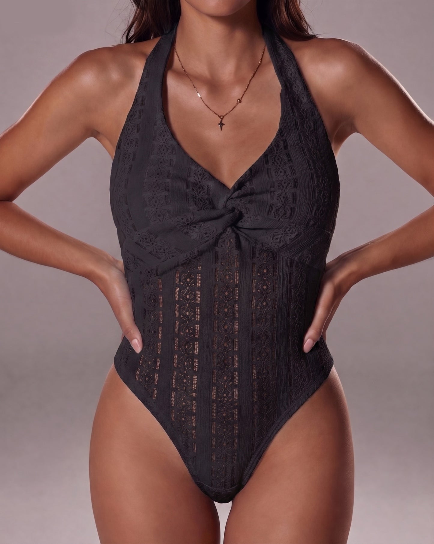 Halter V Neck Twist Front Backless Bodysuit for Women