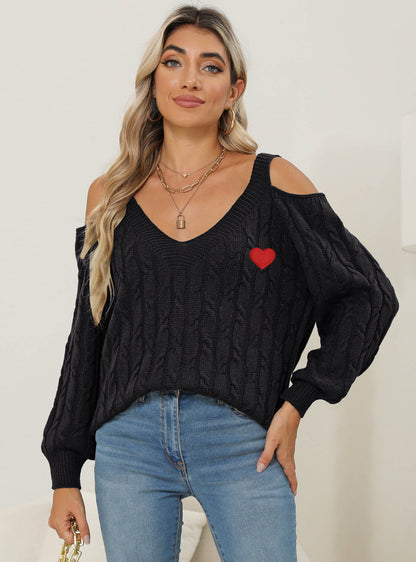 Women's Deep V Sexy Off-the-shoulder Love Pattern Bottoming Shirt