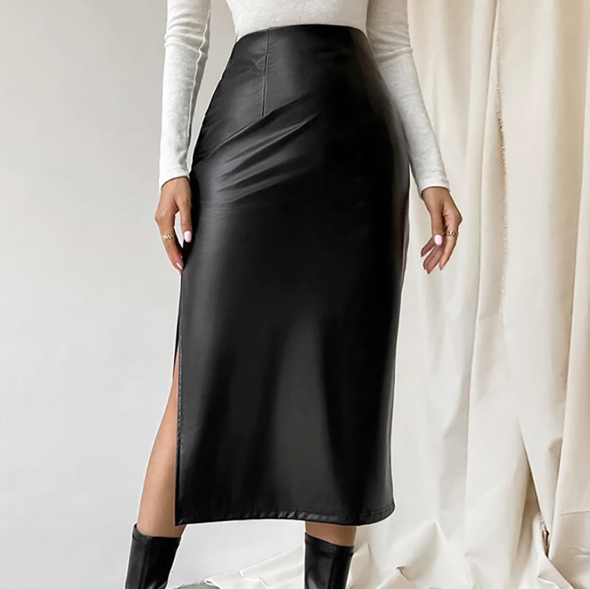 PU Leather Midi Skirt High Waist Side Slit Slim Fit