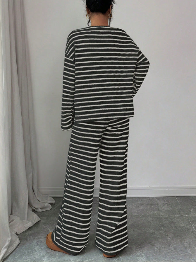 Stripe Knit Lounge Set Crew Neck Top and Wide Leg Pants