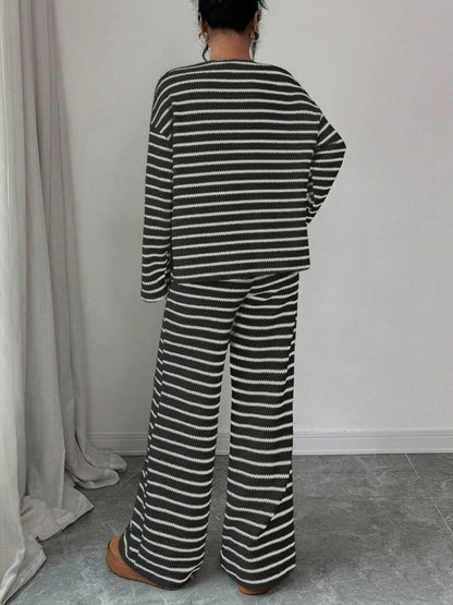 Stripe Knit Lounge Set Crew Neck Top and Wide Leg Pants