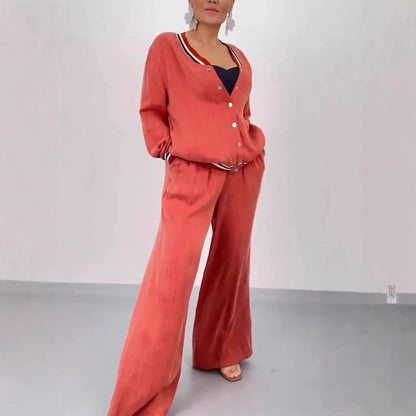 Women Casual Cardigan Wide Leg Pants Matching Set