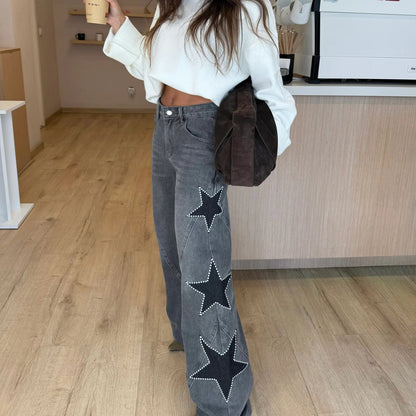 Womens Star Pearl Baggy Straight Leg Jeans
