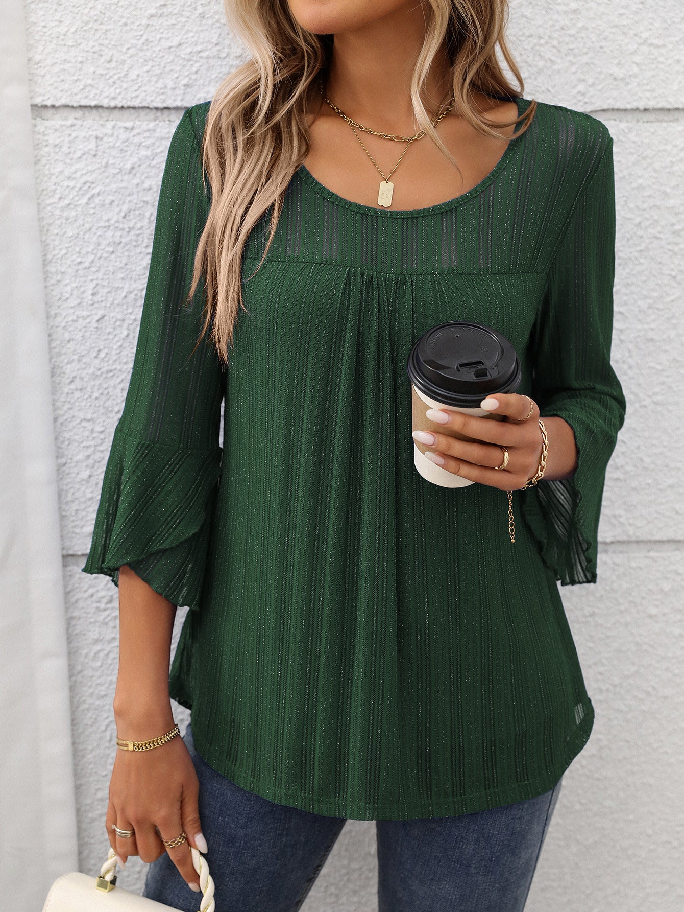 Elegant Round Neck Lotus Leaf Sleeve Mesh Top