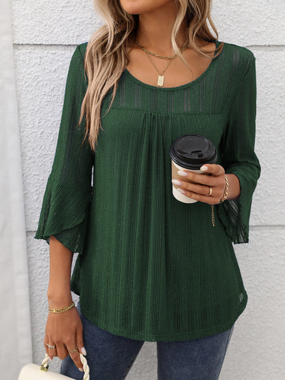 Elegant Round Neck Lotus Leaf Sleeve Mesh Top