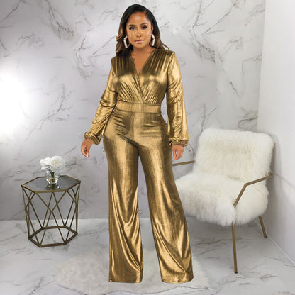 Sexy Metallic V-Neck Long Sleeve Flare Jumpsuit