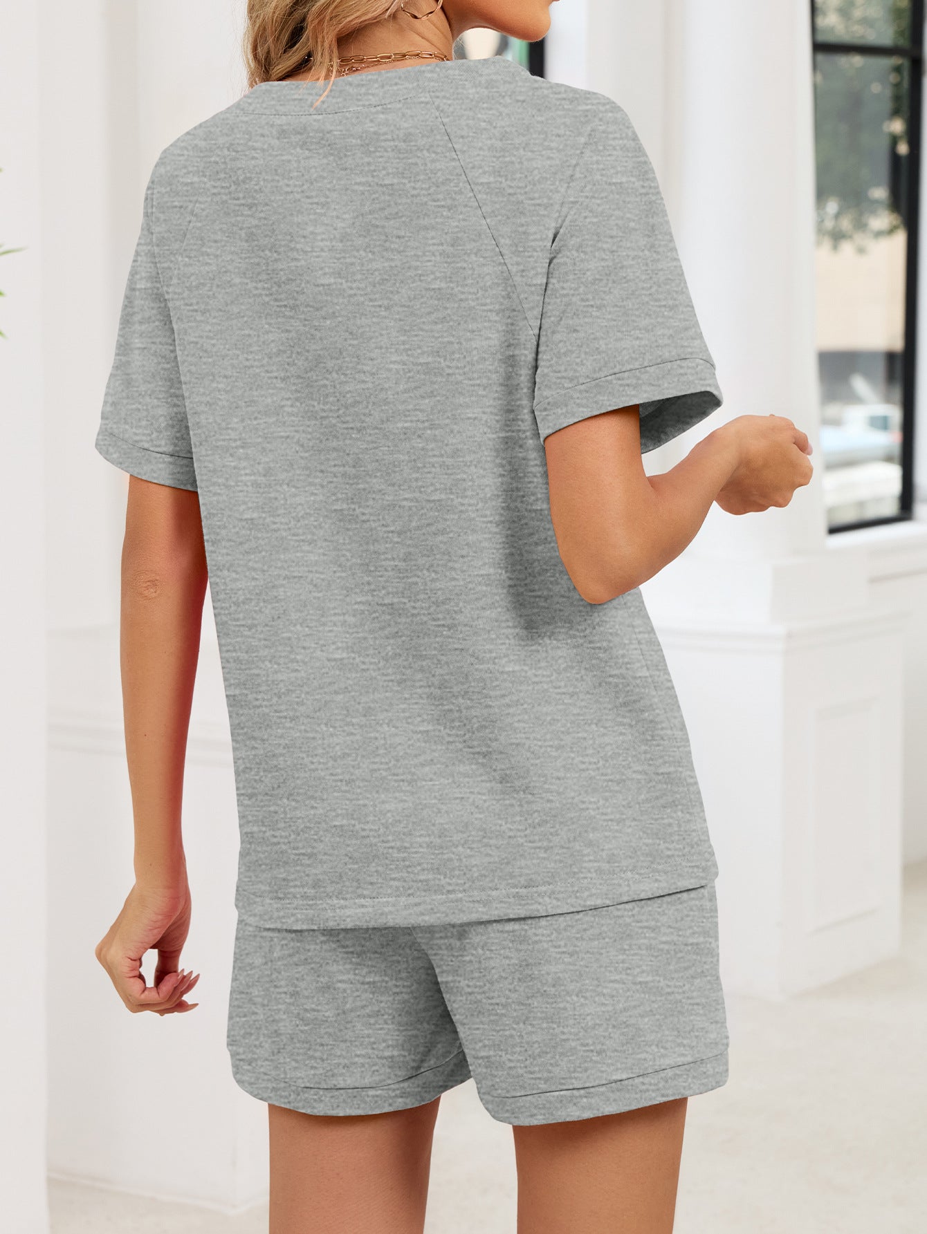 V Neck Short Sleeve Top and Drawstring Shorts Set