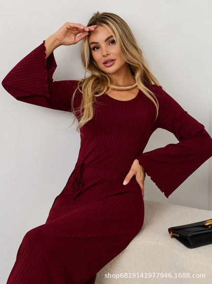 Long Sleeve U Neck Ribbed Knit Tie Back Maxi Dress
