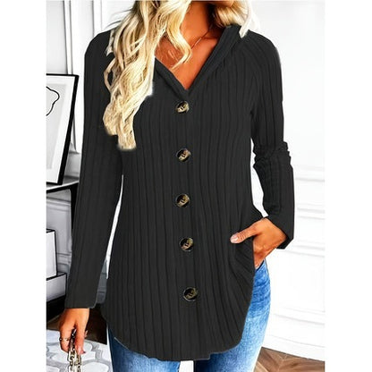 Women's Hooded Ribbed Button Front Cardigan