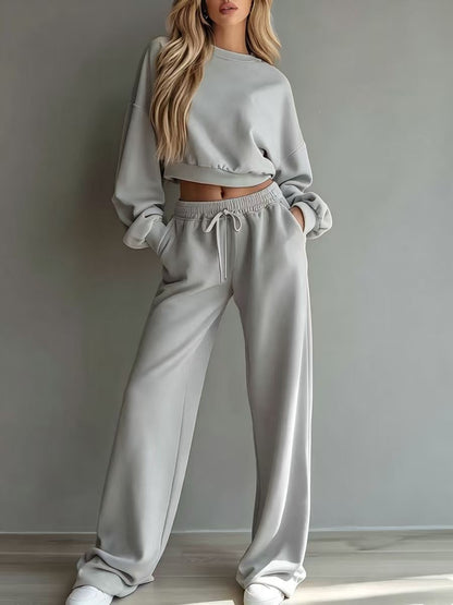 Women's Solid Lounge Set Crop Sweatshirt Wide Leg Pants
