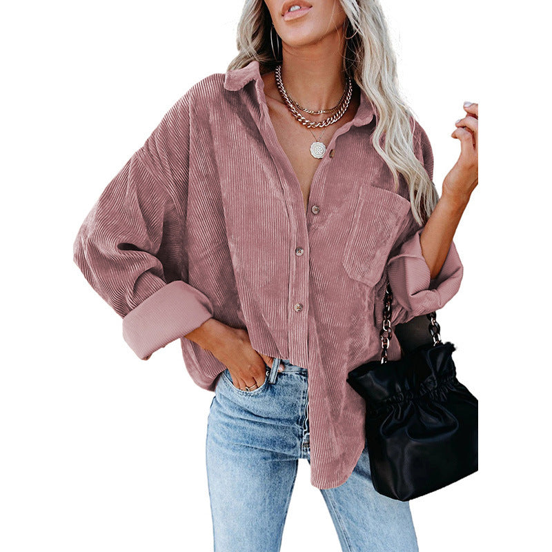 Oversized Corduroy Button-Down Shirt with Chest Pocket