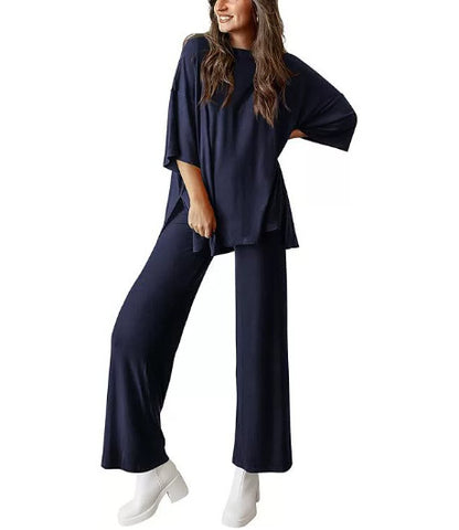 Women's 2 Piece Lounge Set Short Sleeve Top Wide Leg Pants