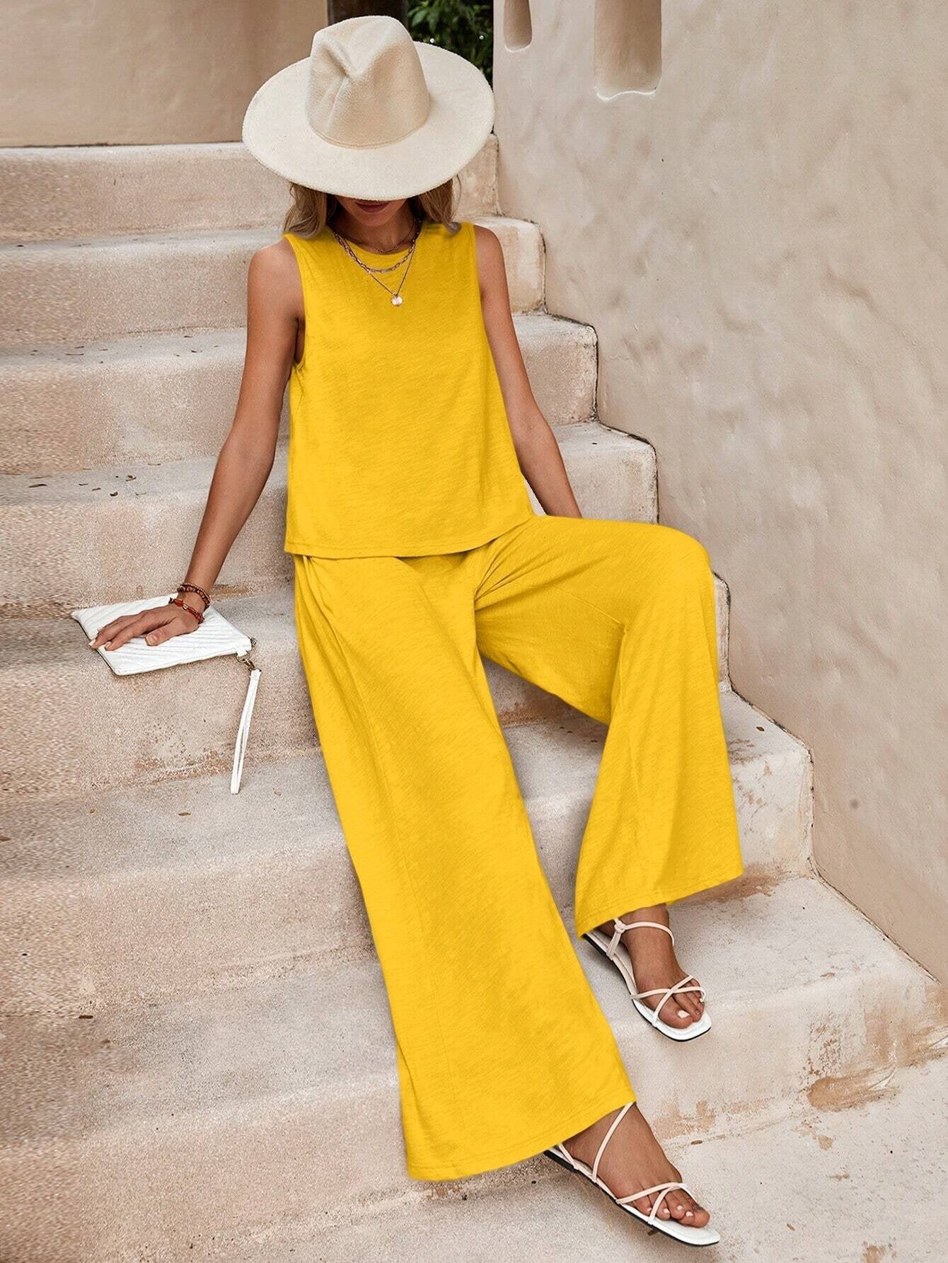 Navy Sleeveless Wide Leg Lounge Set Casual Two Piece