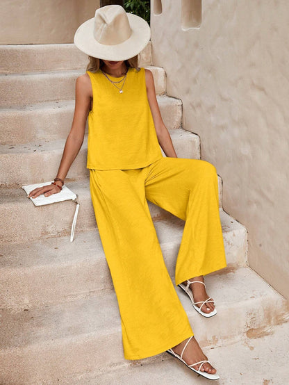 Navy Sleeveless Wide Leg Lounge Set Casual Two Piece