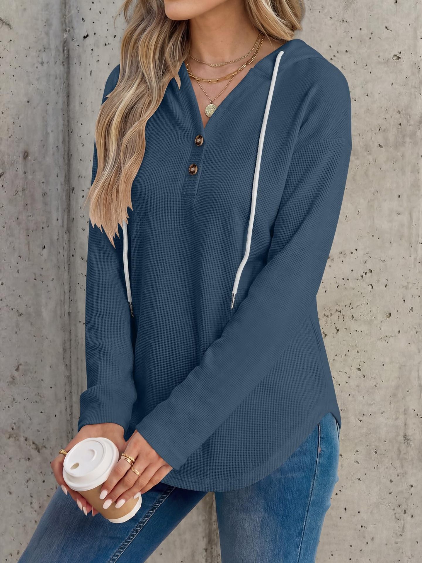 Waffle Knit Hoodie Henley Long Sleeve Casual Top