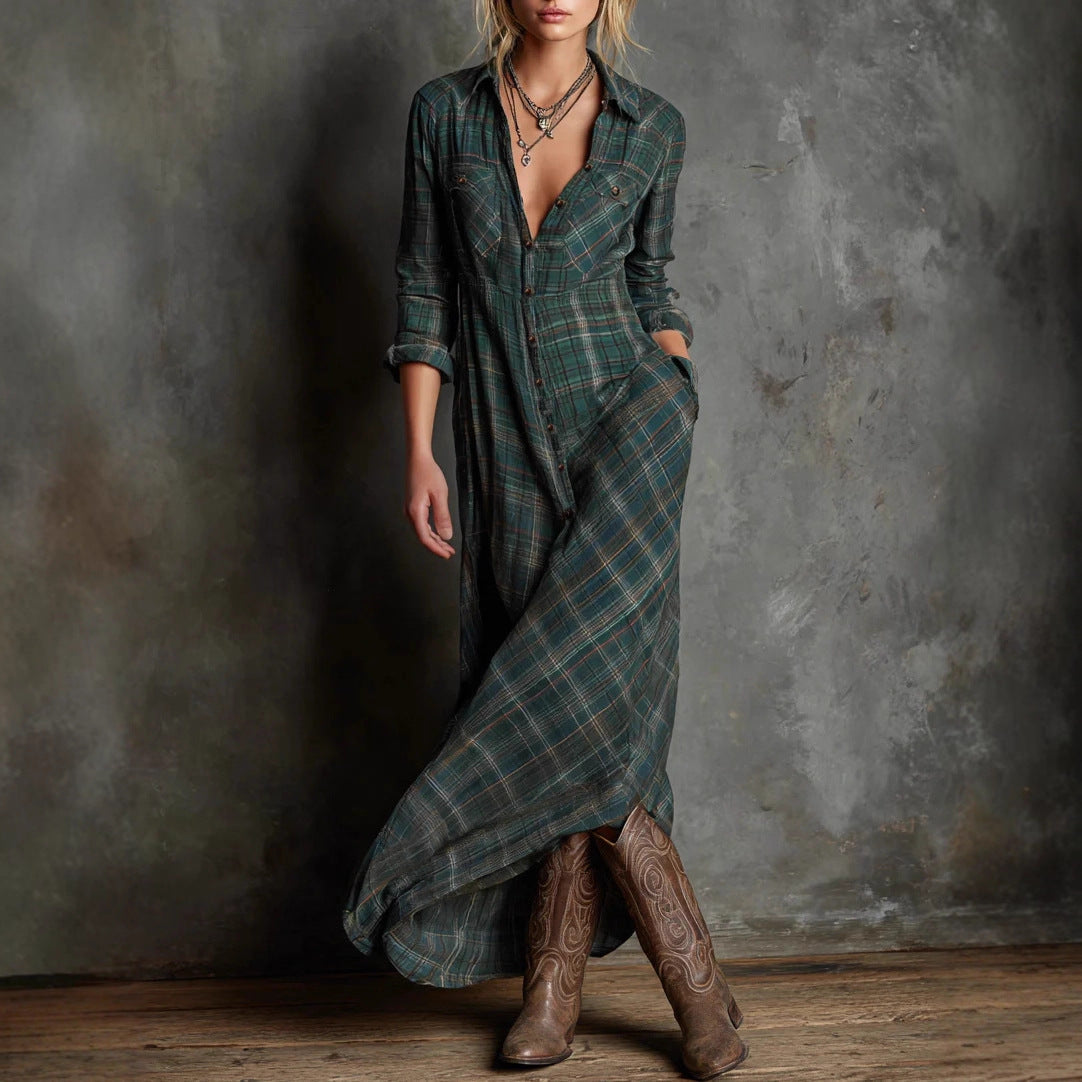 Plaid Shirt Dress Long Sleeve Maxi Casual with Pockets