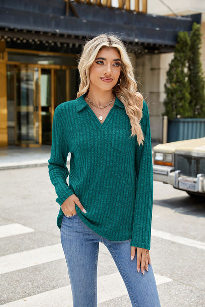 Women's Oversized Collared Long Sleeve Pocket Top