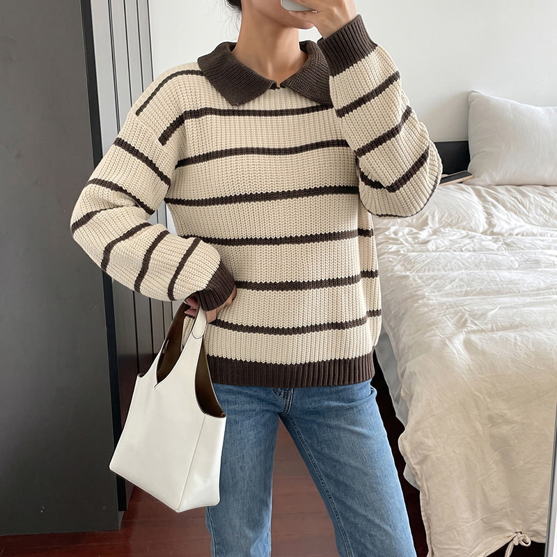 Striped Polo Sweater Contrast Trim Relaxed Fit