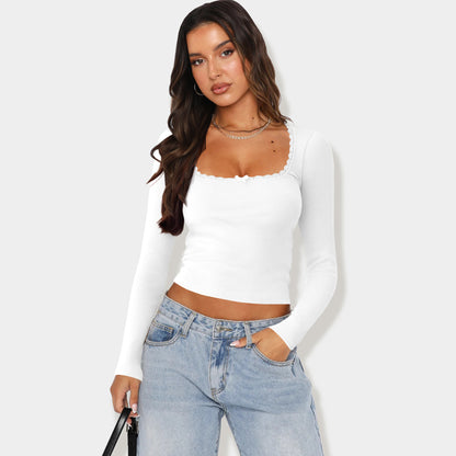 Slim Lace Splicing U-neck Long Sleeve Top - Trendy T-shirt