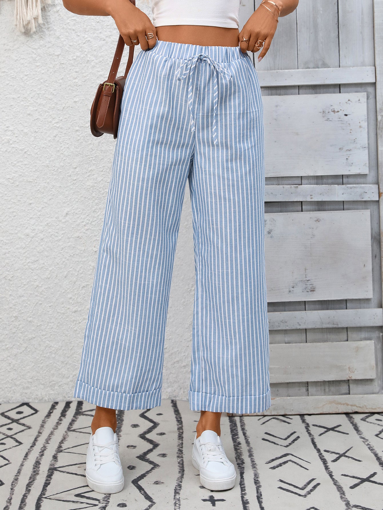 Striped High Waist Drawstring Wide Leg Summer Pants