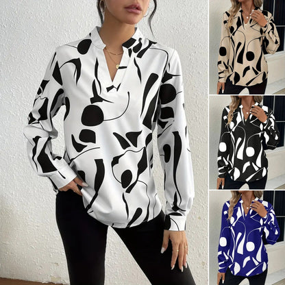 Women's Geometric V Neck Long Sleeve Casual Loose Blouse