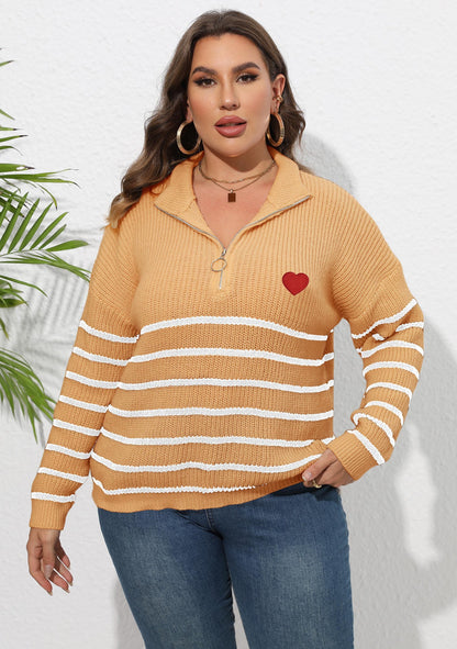 Women's Striped Splicing Love Zipper Pullover Sweater