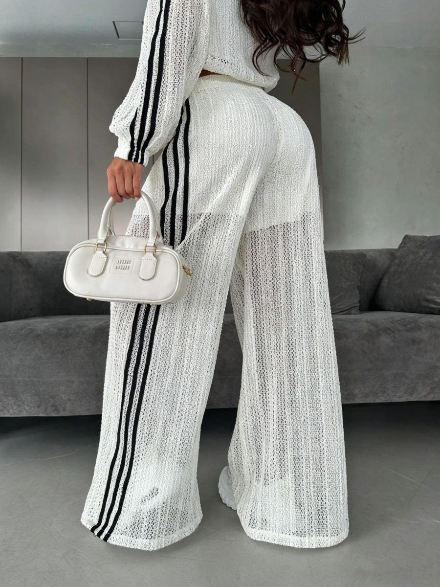 Women's Sheer Mesh Track Jacket Wide Leg Pants 2 Piece Set