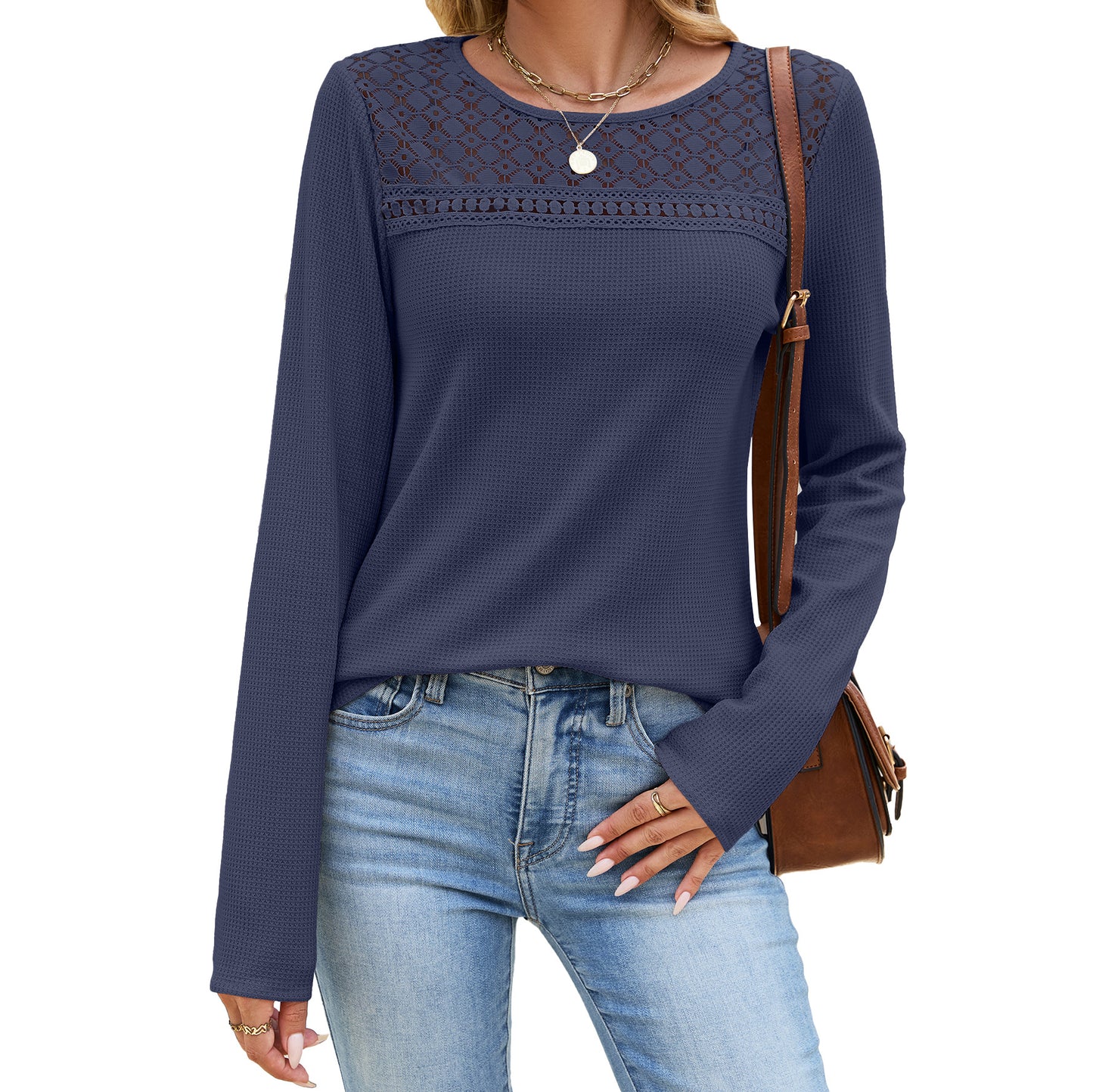 Solid Lace Yoke Knit Top Crewneck Long Sleeve Tee