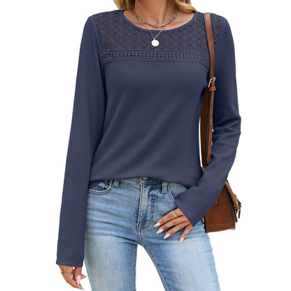 Solid Lace Yoke Knit Top Crewneck Long Sleeve Tee