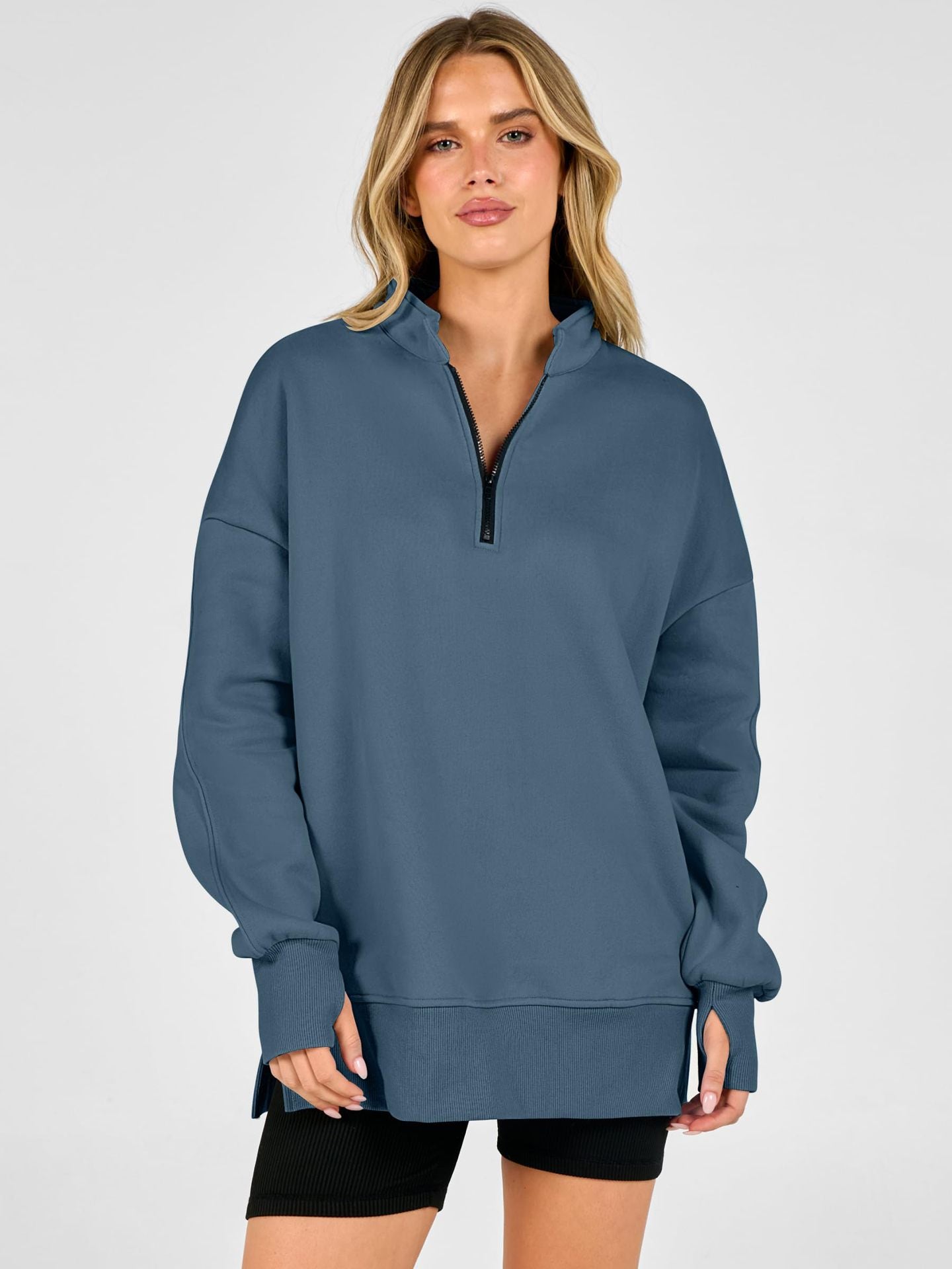 Women's Oversized Quarter Zip Sweatshirt Side Slit Pullover