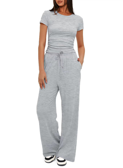 Women's Ruched Top Wide Leg Pants Two Piece Lounge Set